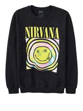 NIRVANA Black Crewneck with Neon Smiley Graphic